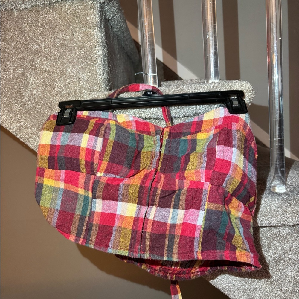 American Eagle Outfitters Plaid Halter Cropped Top -Red Multicolor